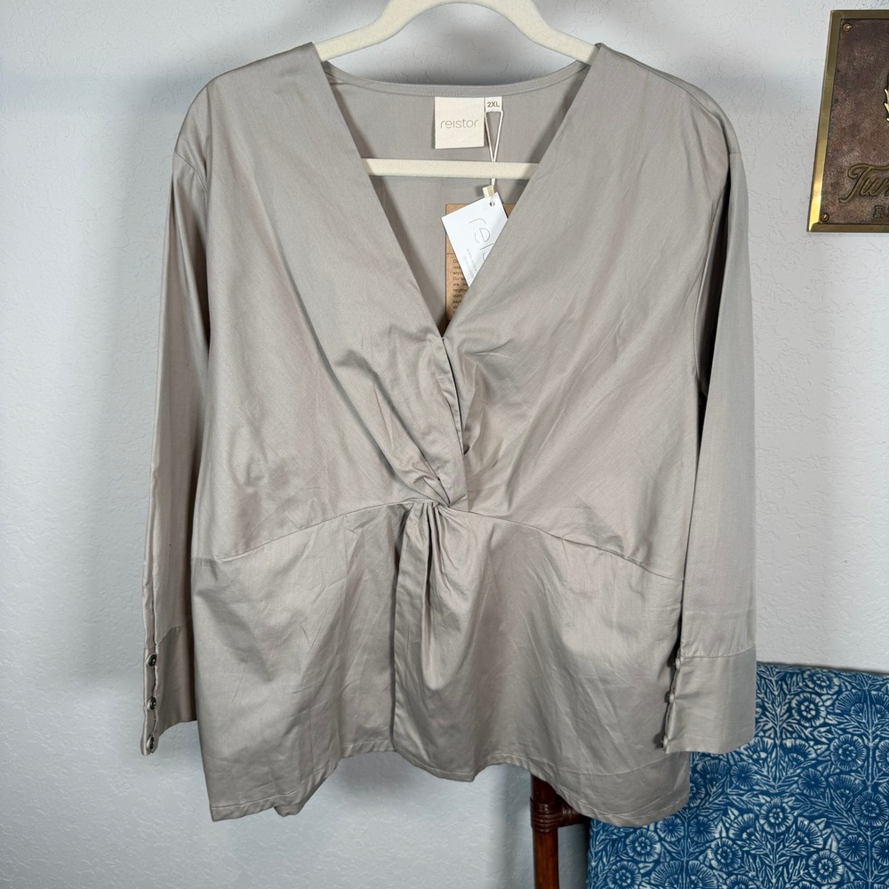 Reistor Womens Front Twist Ecru Organic Cotton Poplin V-Neck Blouse 2XL NWT